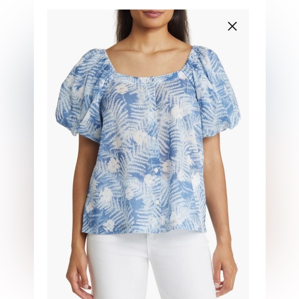 New Caslon Nordstrom Women's Print Puff Sleeve Organic Cotton Top Blue Size 2X